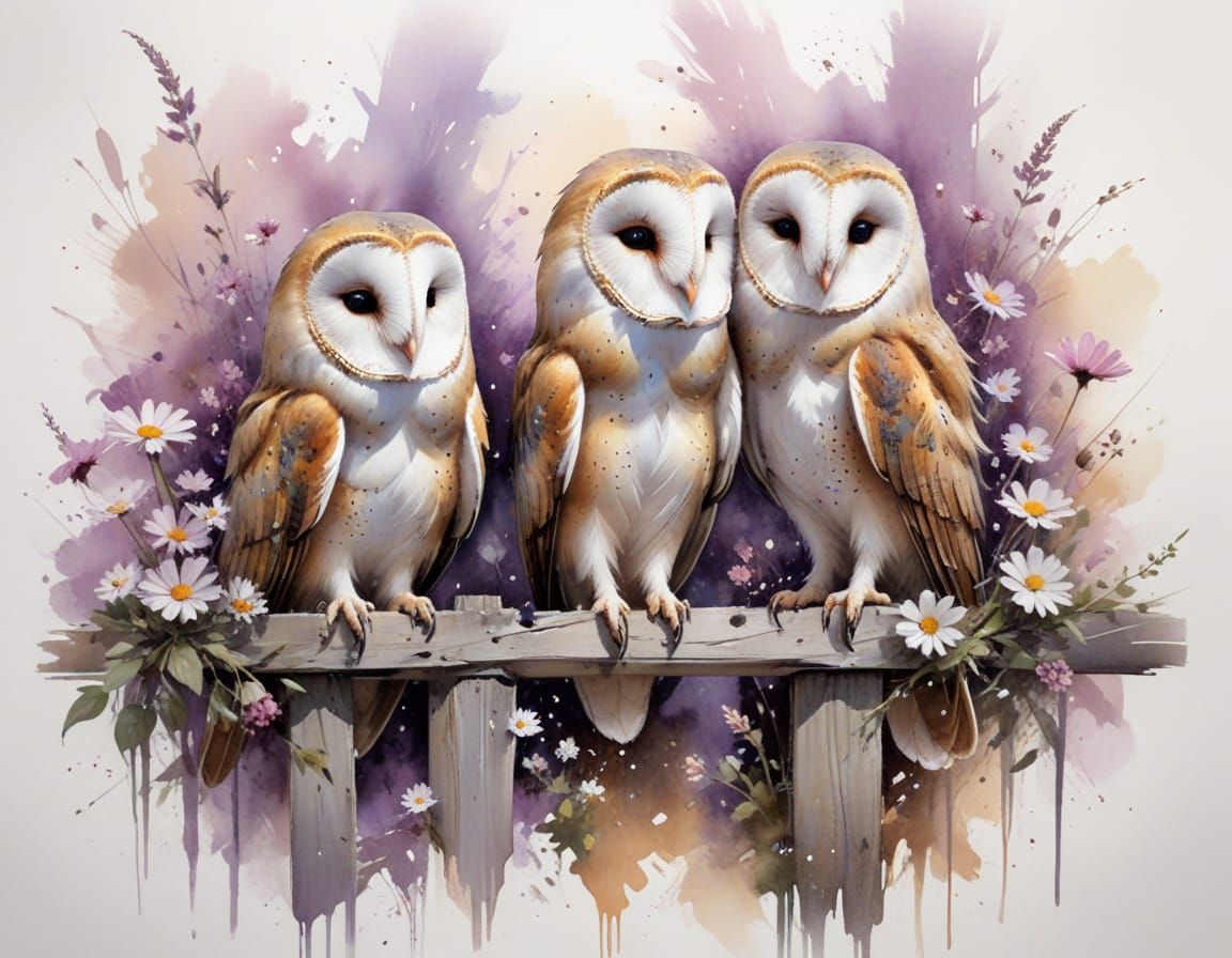 Barn Owl Couple in Vests and Scarves at Dusk