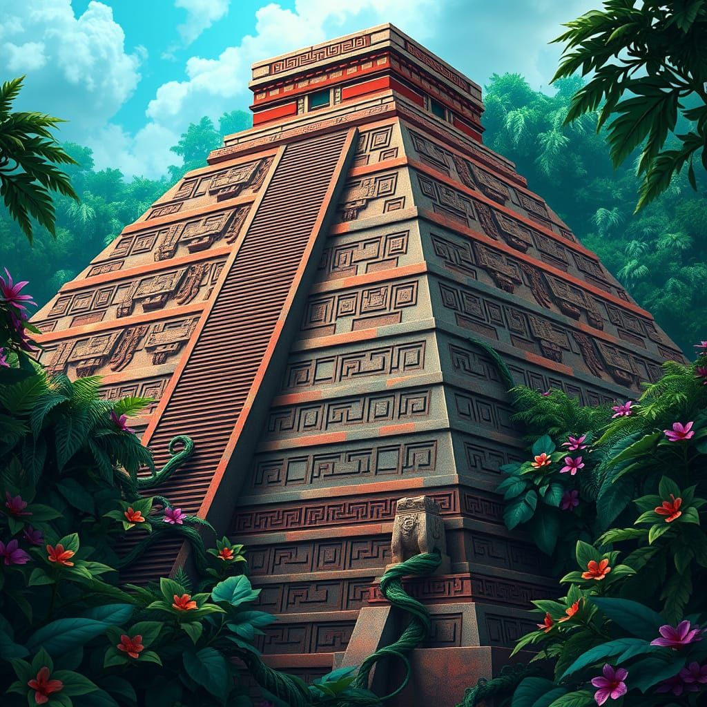 Ancient Aztec Pyramid in Emerald Jungle, with Vibrant Mythol...
