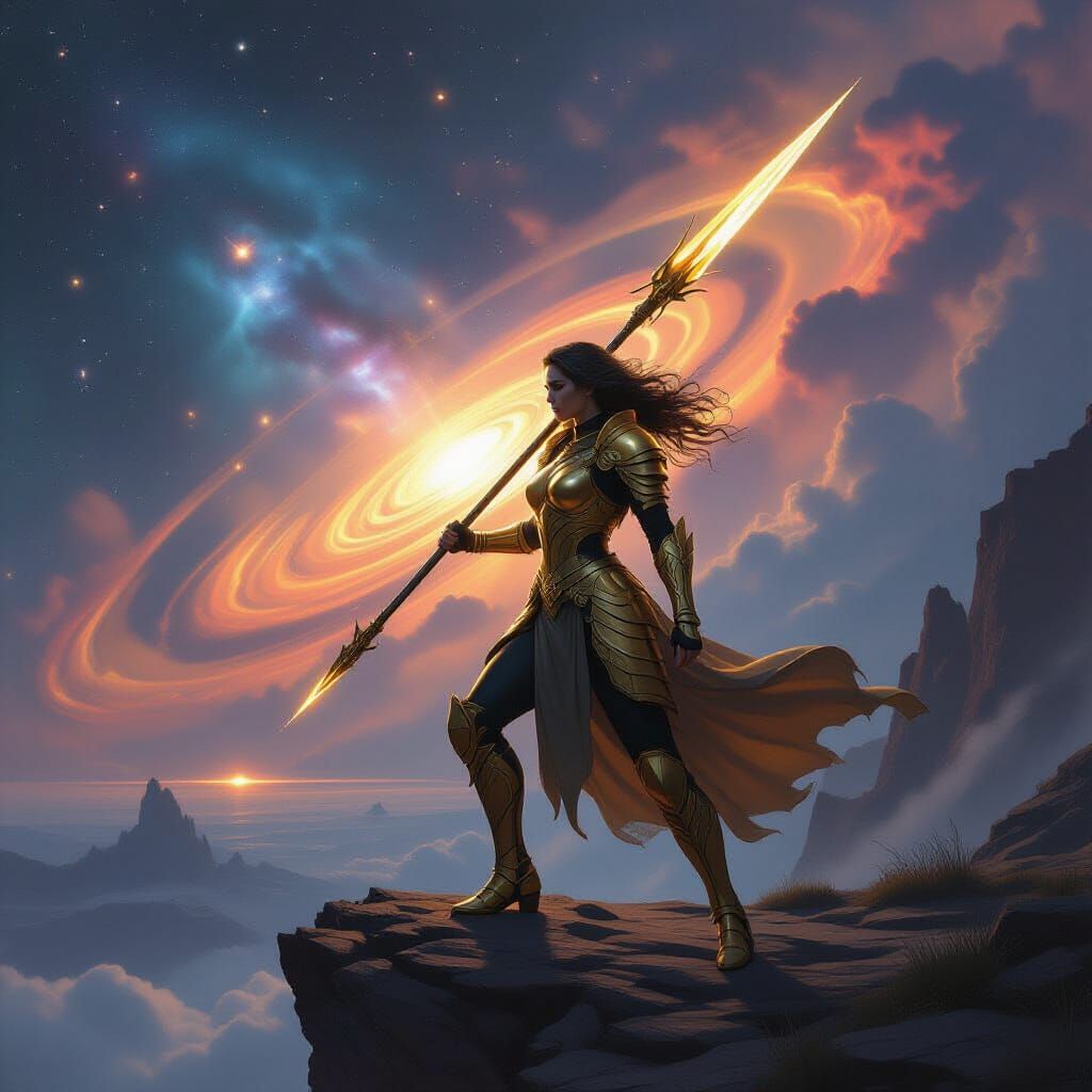 Golden Warrior Oversees Nebula in Digital Painting