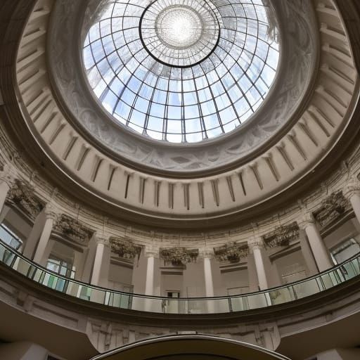 Sunlit Atrium with Marble Staircase and Robed Figures