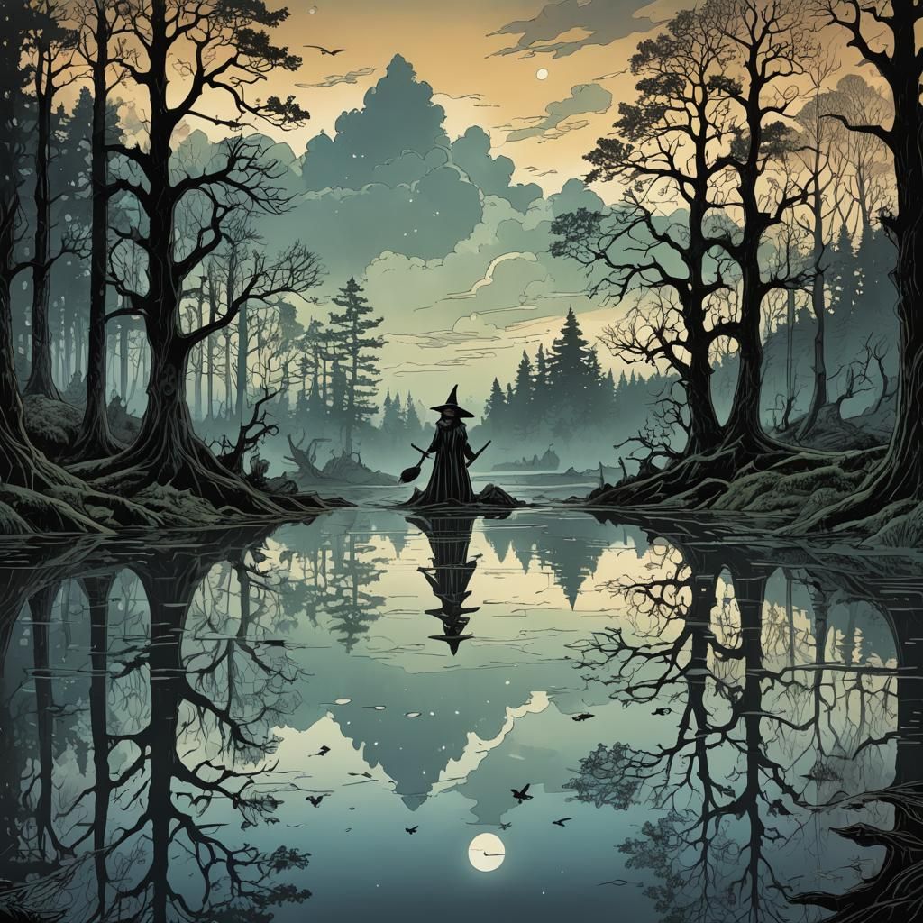 Witch's Reflection in Misty Lake: Retro D&D Illustration