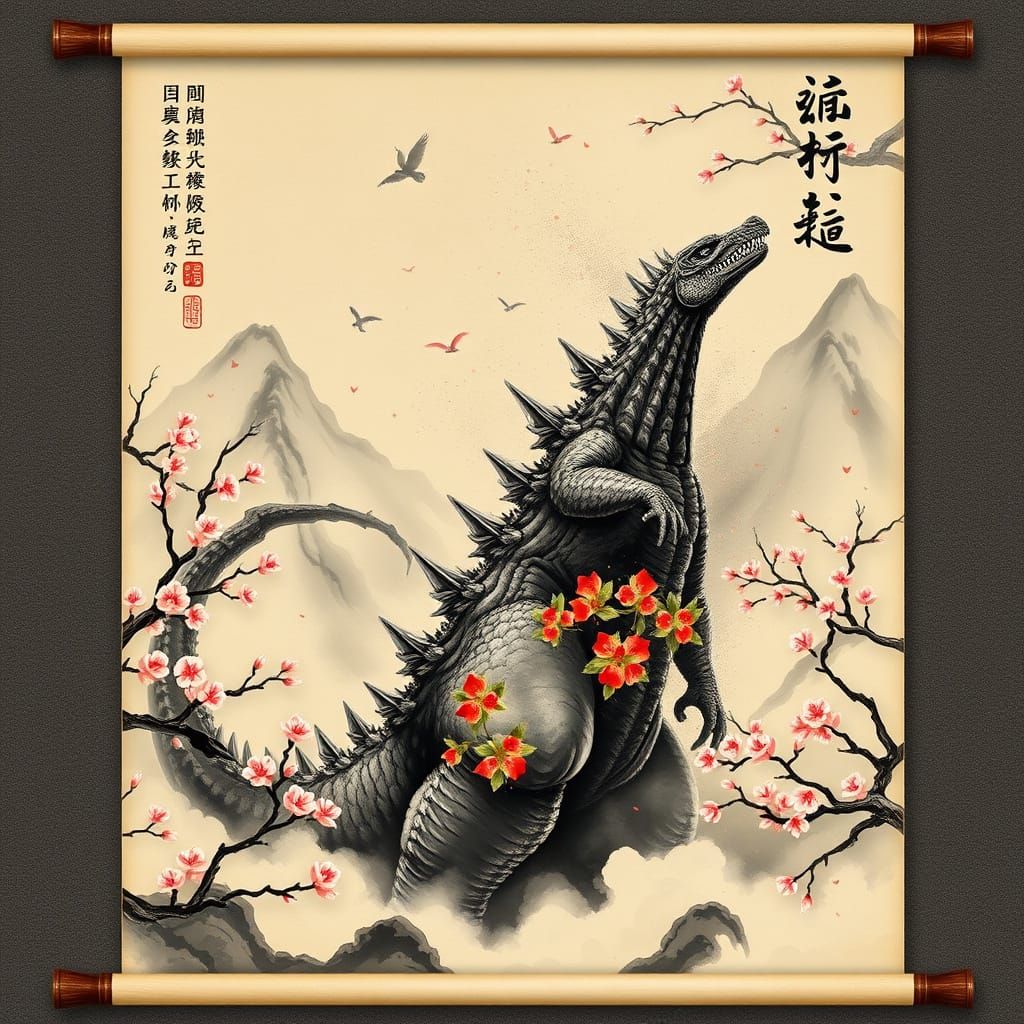 Godzilla Amidst Cherry Blossoms in Traditional Chinese Style