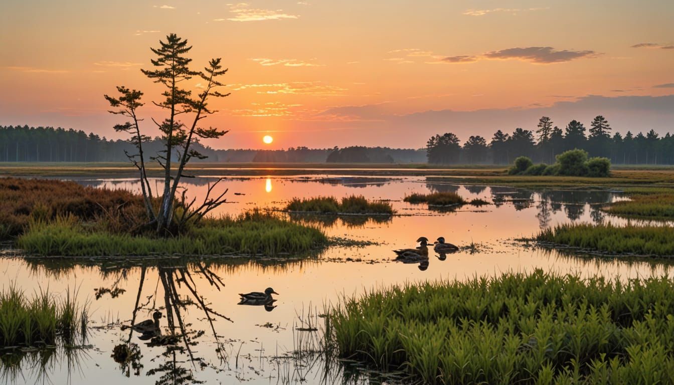 Serene Marshland Sunset with Birch Groves and Reflections