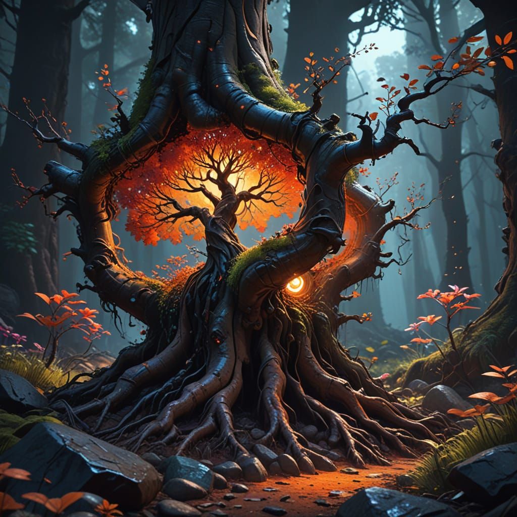 Mystical Tree in Vibrant Forest: Surreal Oil Painting