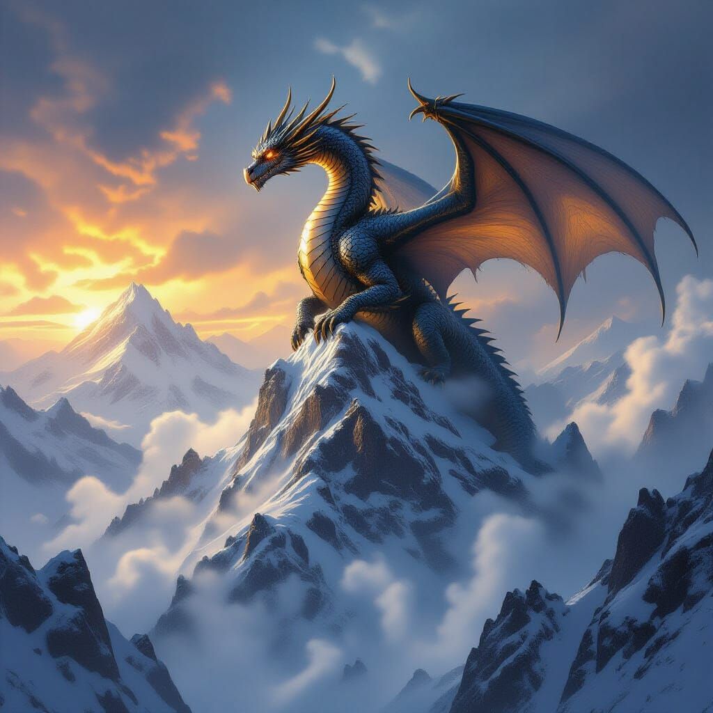 Ancient Obsidian Dragon on Snowy Mountain Peak