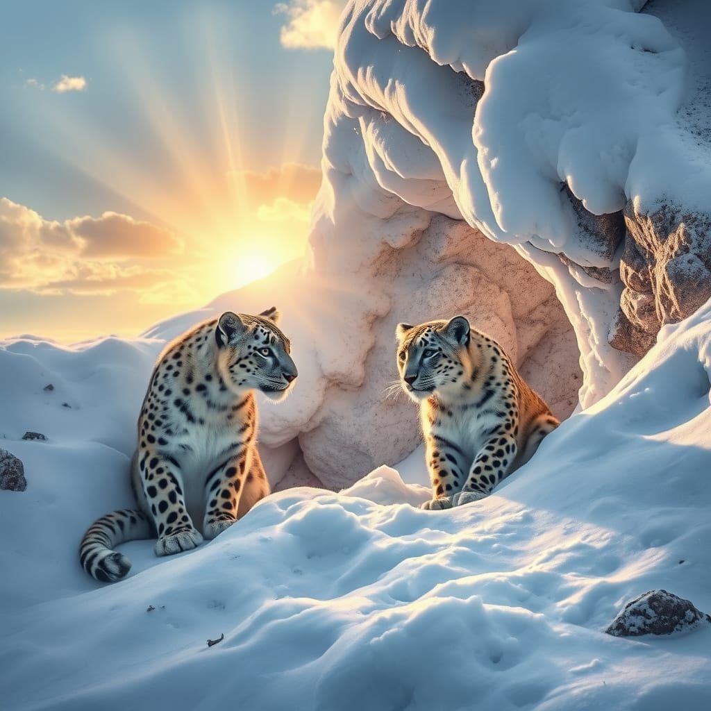 Snow Leopards Playing in a Vivid Winter Landscape