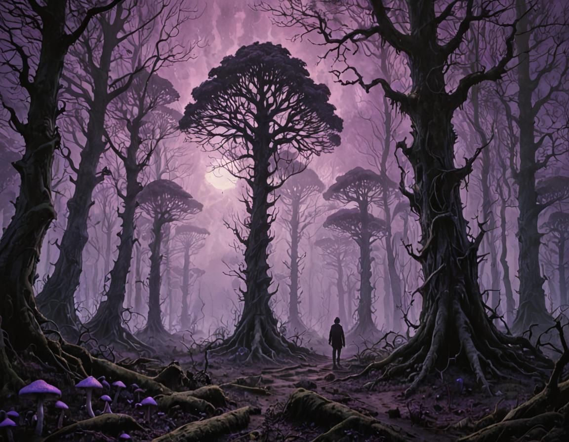 Lone Figure in Mystical Forest, Dark Fantasy Illustration