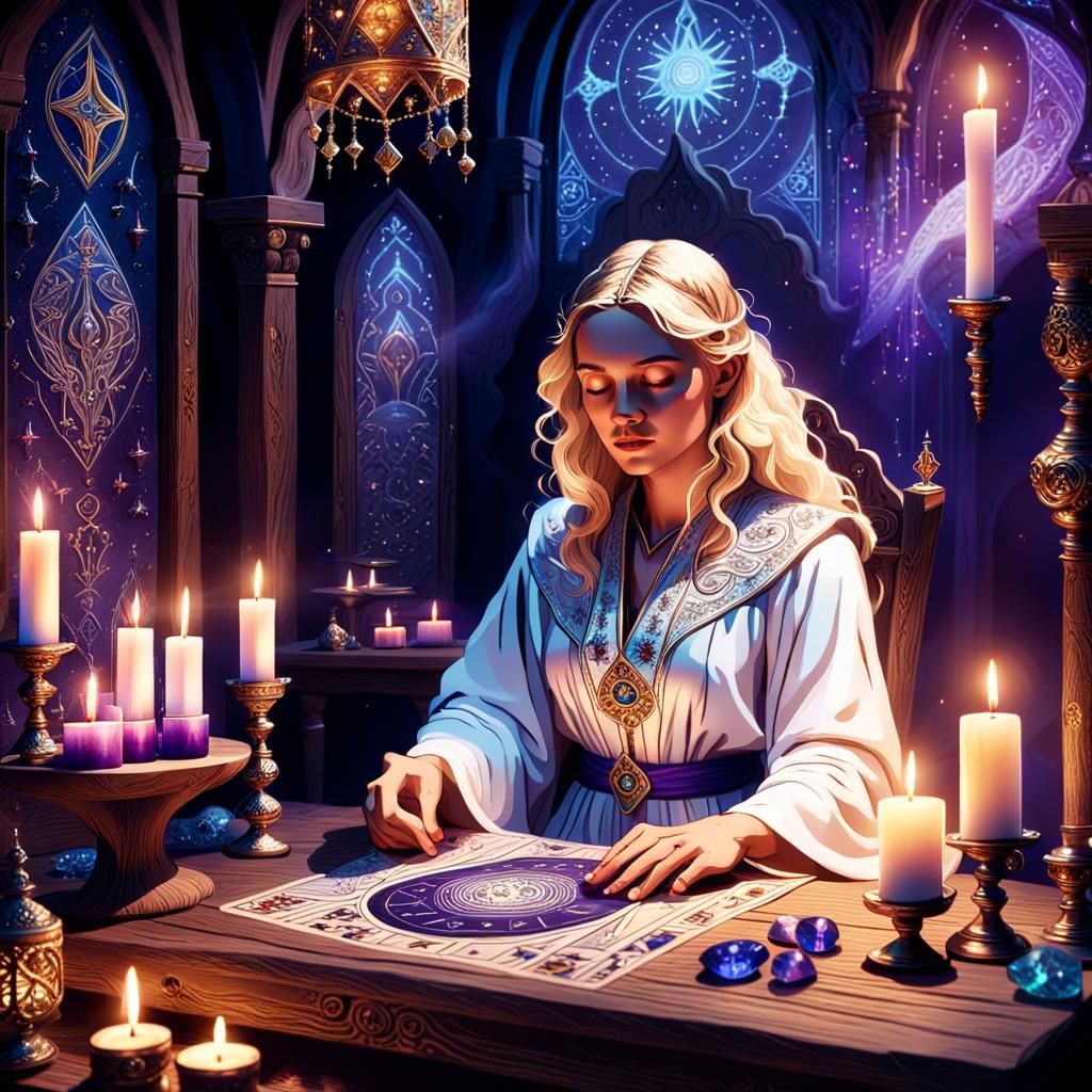Mystical Tarot Reader in Fantasy Illustration Style