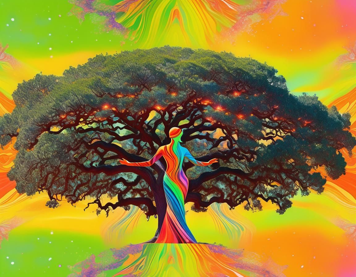 Psychedelic Dance Beneath Oak Trees in Surrealist Style