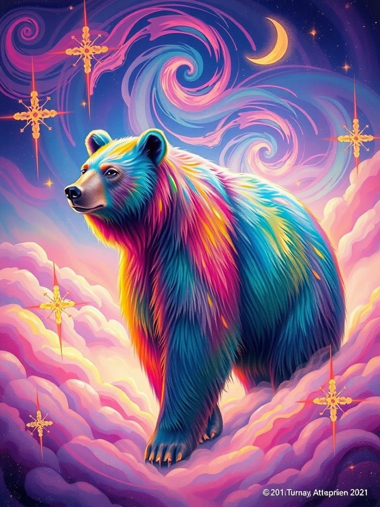 Rainbow Bear Amidst Neon Clouds in Whimsical Aetherpunk Styl...