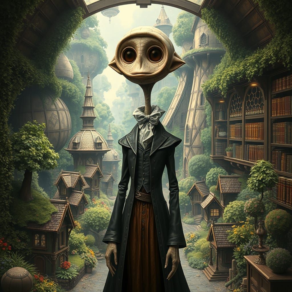 Victorian Figure in Mystical Village: Dreamlike Textures