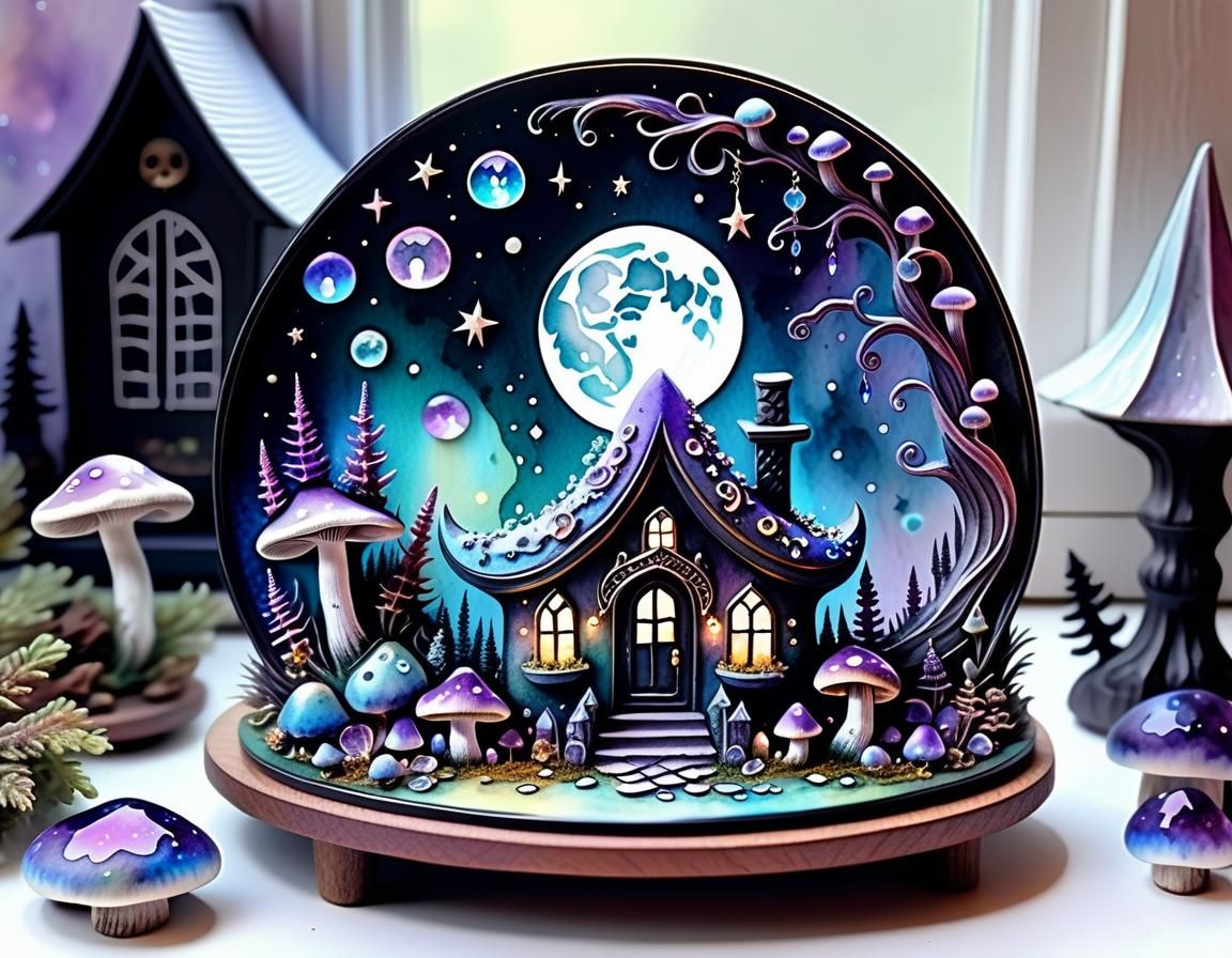 Whimsical Pastel Goth Haven under Crescent Moonlight