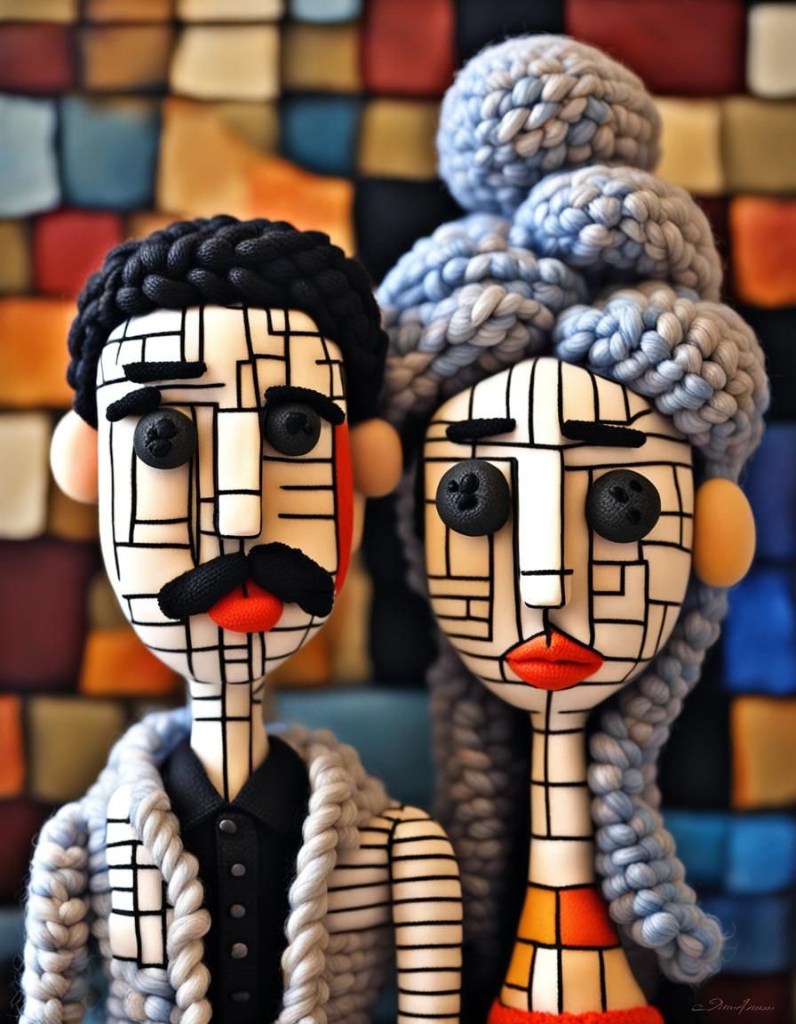 Cubist Couple Portrait in Marble Background