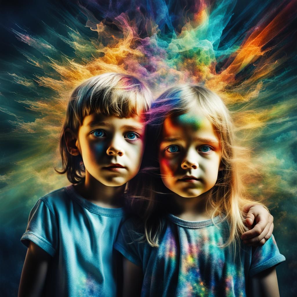 Prismatic Siblings: A Surreal Double Exposure Portrait