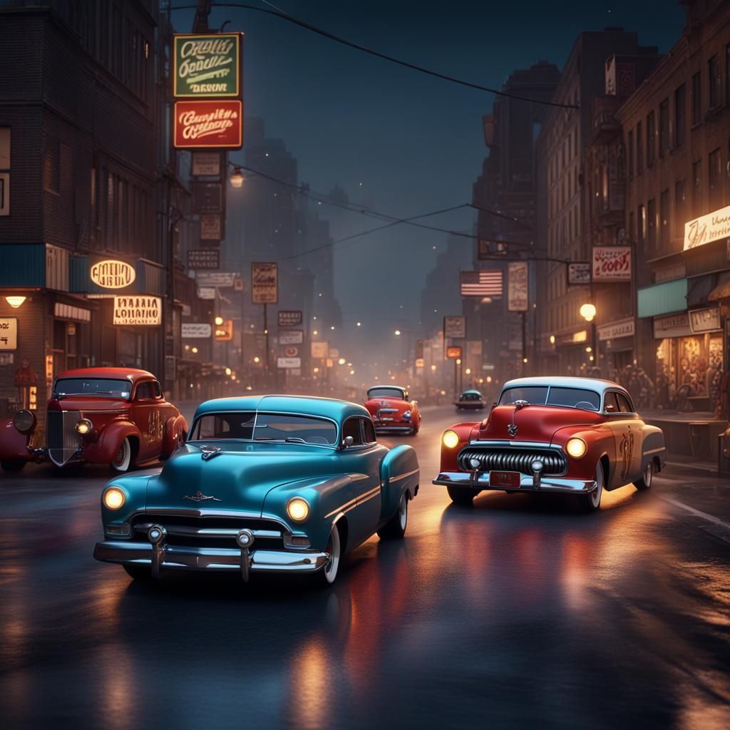 1950s Hot Rods Drag Racing at Night