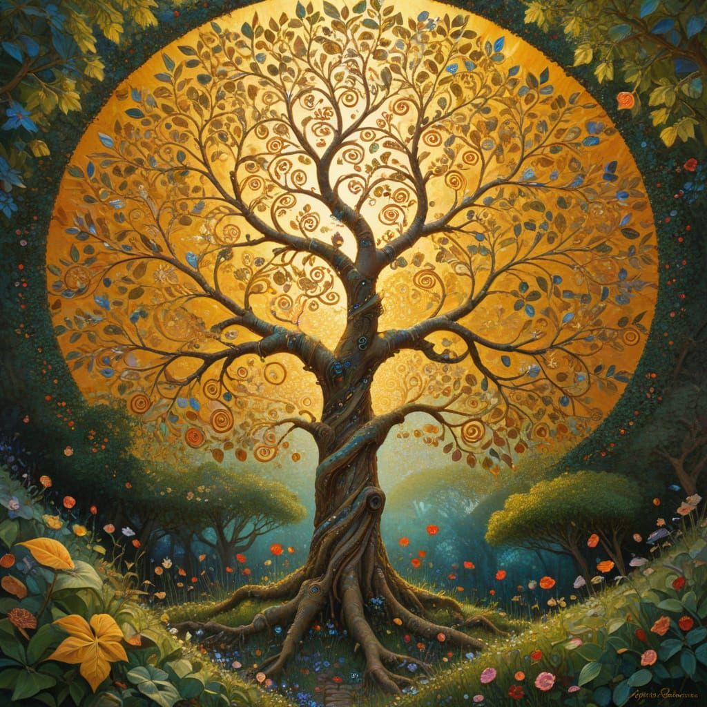 Tree of Life: Symbolist Oil Painting in Gold
