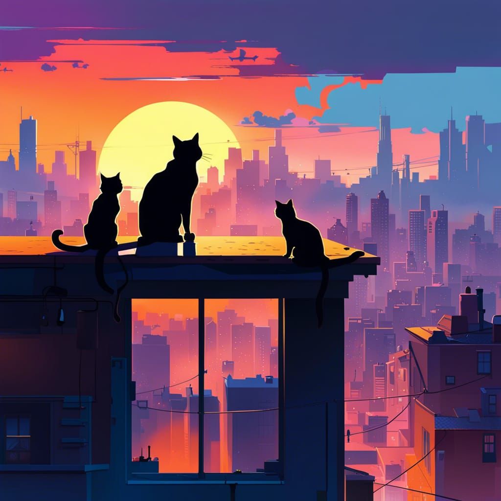 Cats on a Roof at Sunset in Minimalist Vector Art