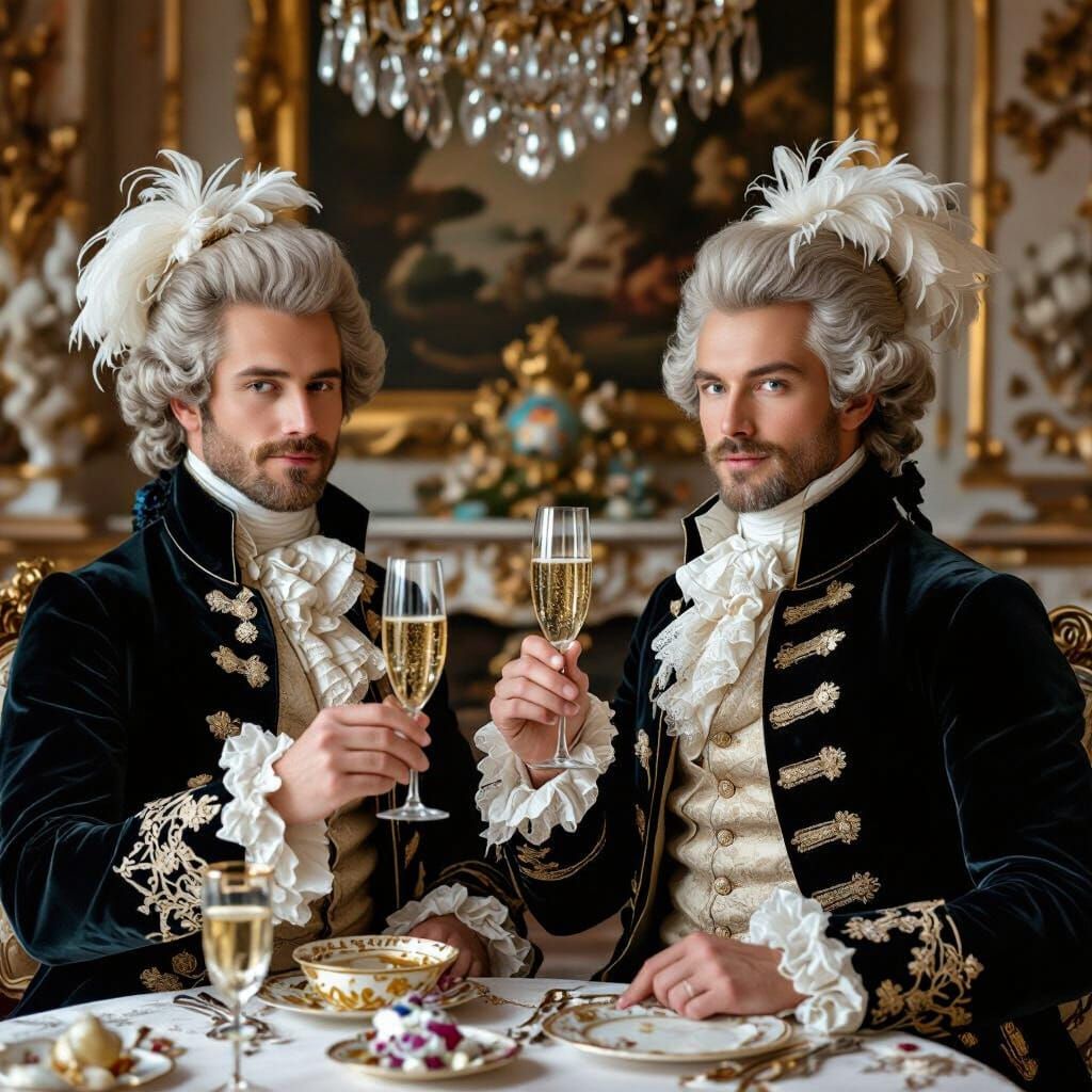 Rococo Gentlemen Toast with Champagne in Baroque Setting