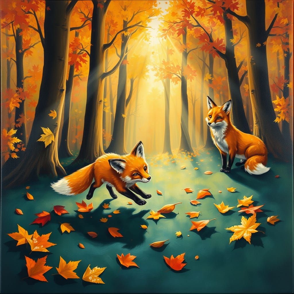 Whimsical Baby Fox Plays in Autumn Forest