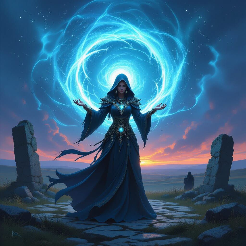 Sorceress Conjures Arcane Vortex in Dark Fantasy Style