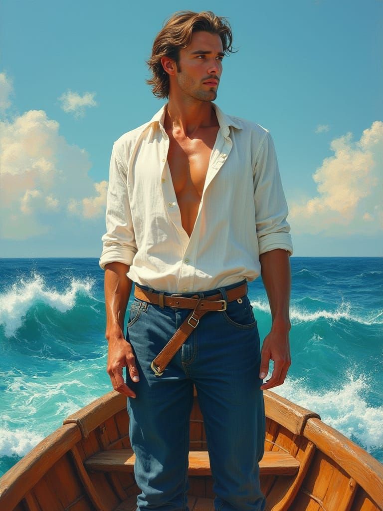 Chiseled Sailor Stands Steadfast on Weathered Boat