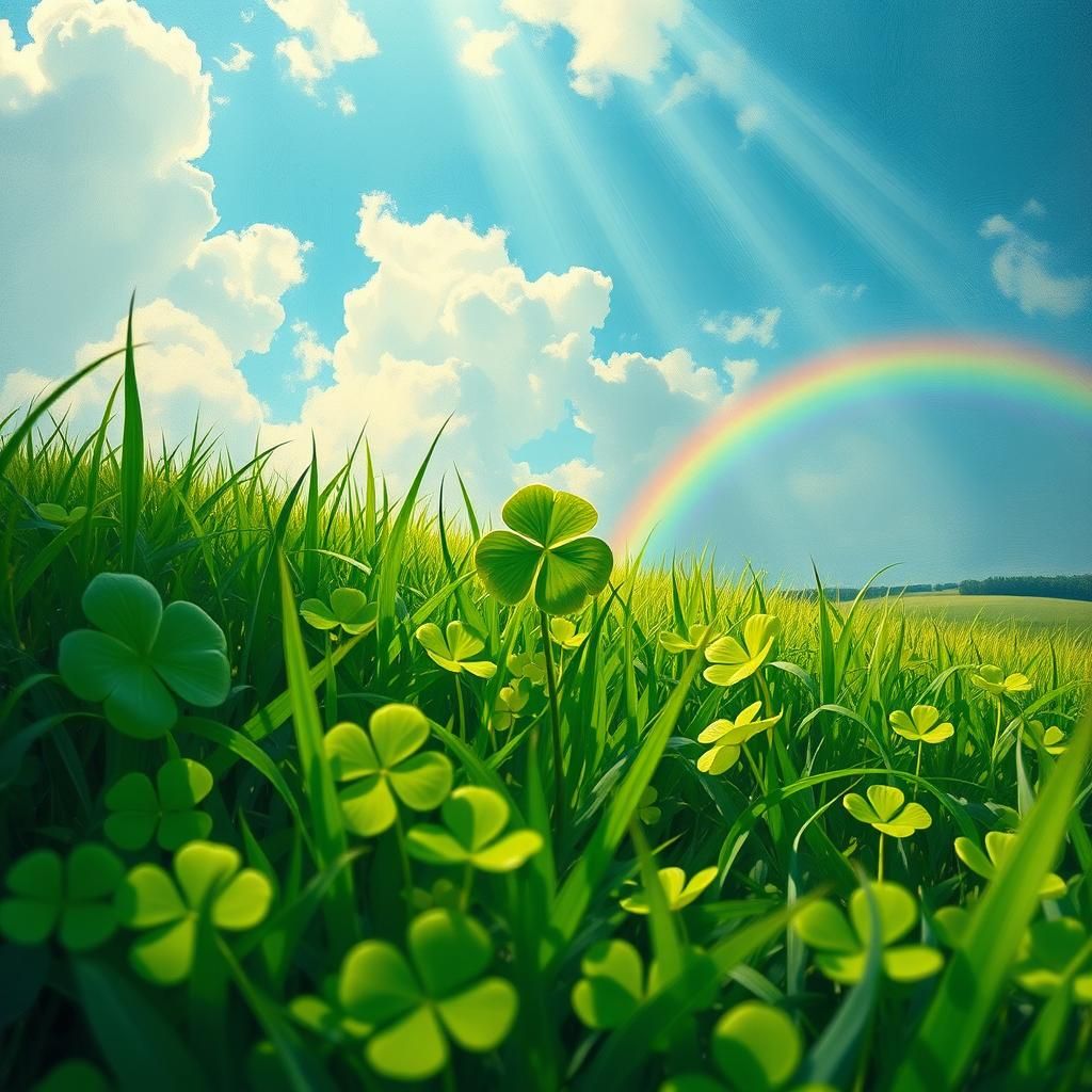 A close-up of a lush green meadow, with a single four-leaf c...