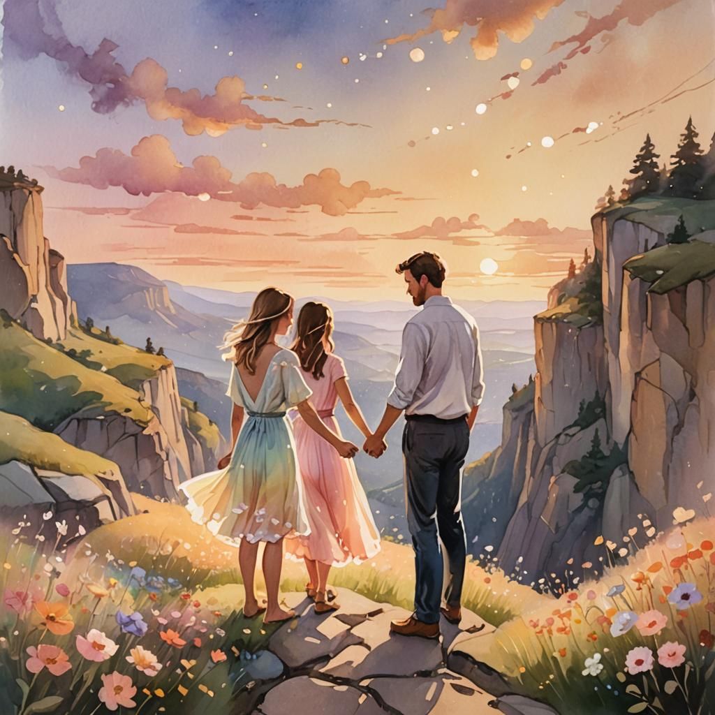 Romantic Couple at Sunset in Impressionistic Style