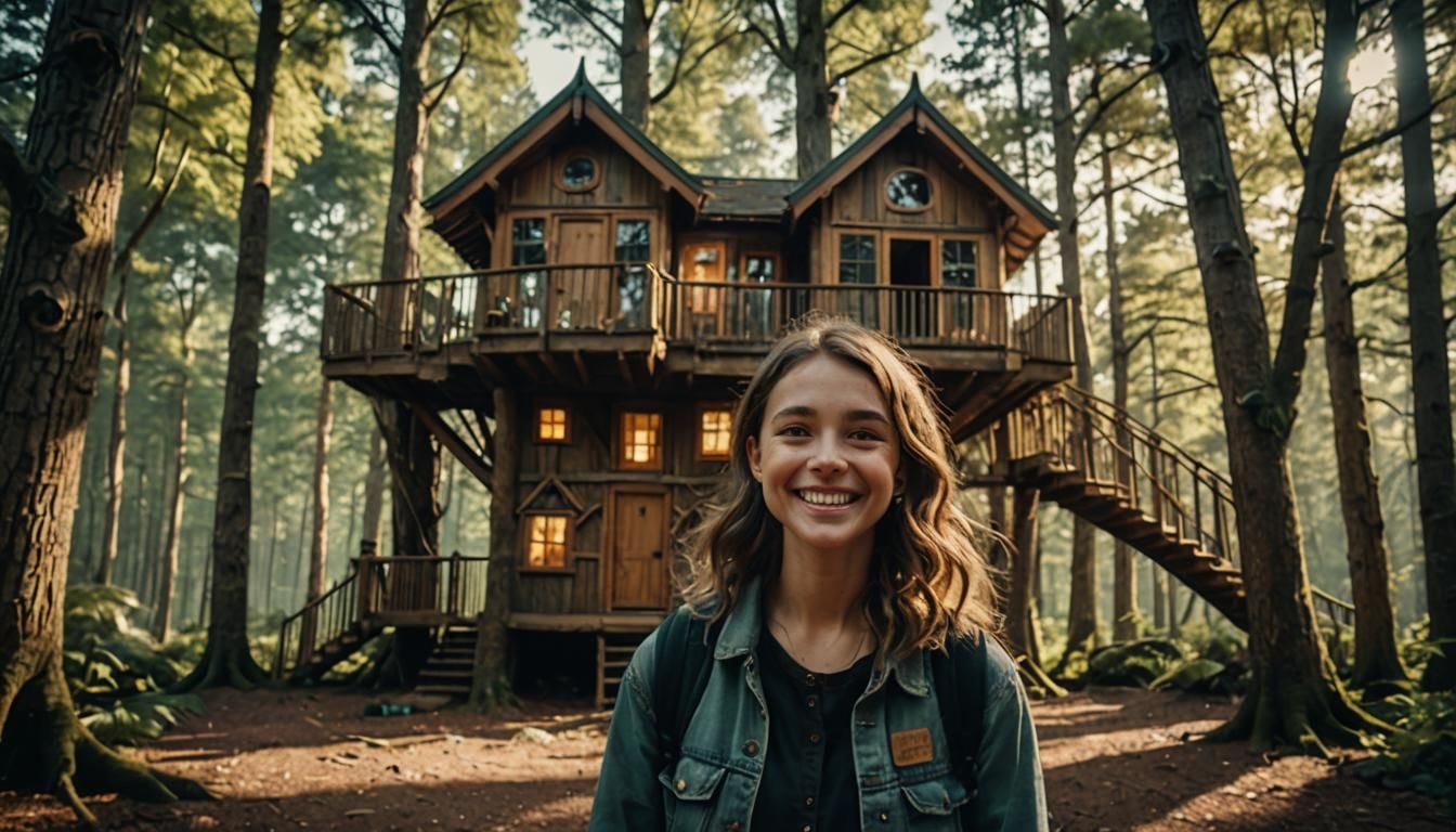 Smiling Girl and Fancy Forest Treehouse