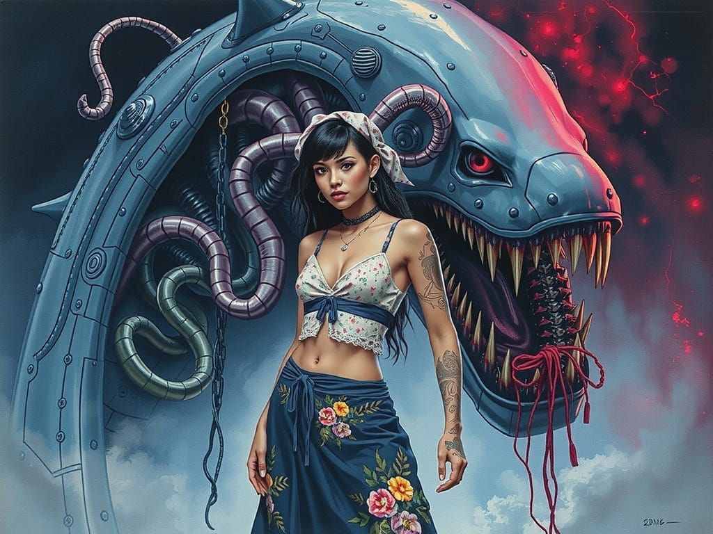 Woman in Shark Dress Before Biomechanical Kraken, Watercolor