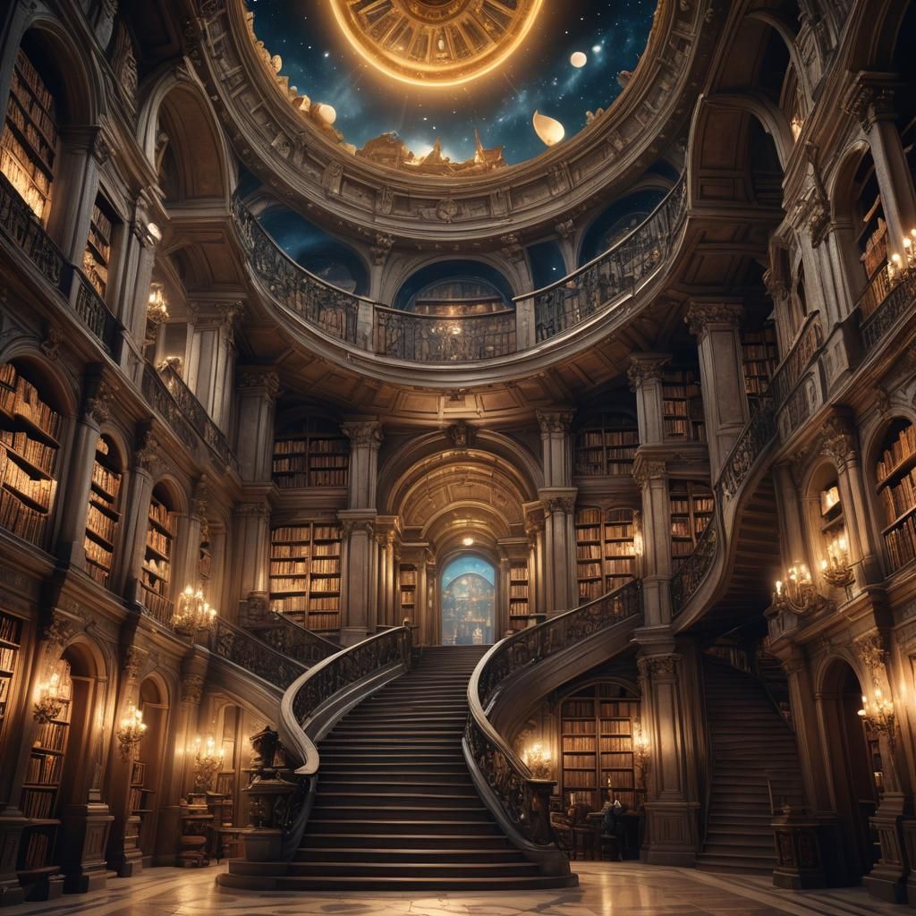Baroque Library Staircase Under Moonlight
