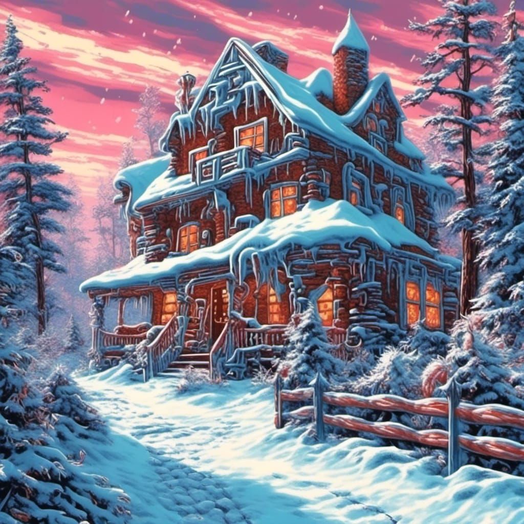 Gingerbread House in Vaporwave Sci-Fi VHS Style