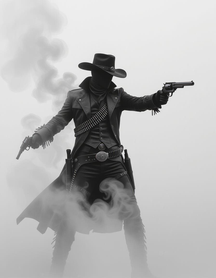 Ethereal Gas Cowboy Gunfight in Retro Futuristic Style