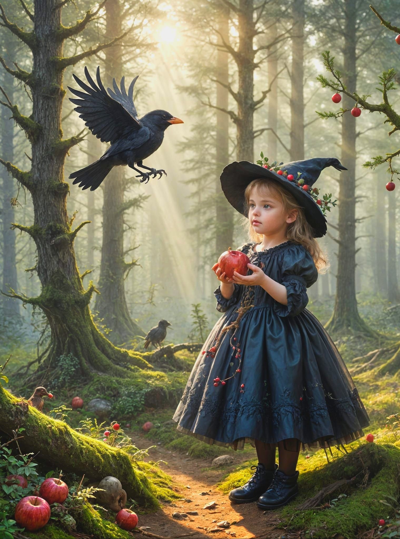 Whimsical Forest Scene with Toddler Witch