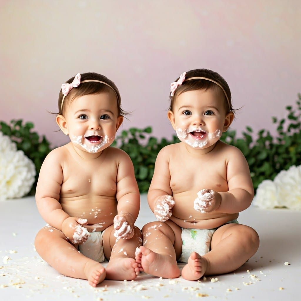 Adorable Twin Baby Girls Celebrate Birthday with Whipped Cre...