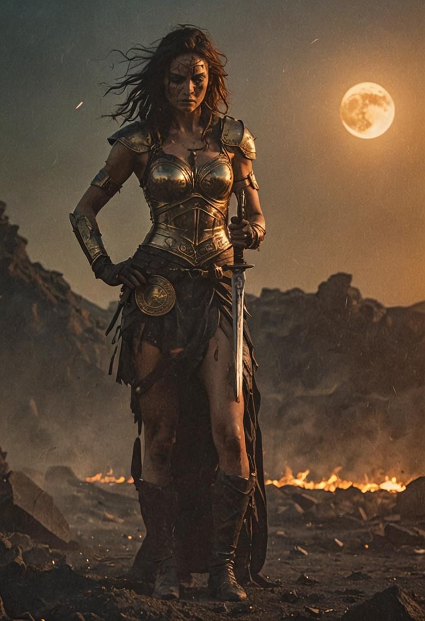 Warrior Woman with Swords in Battlefield Setting