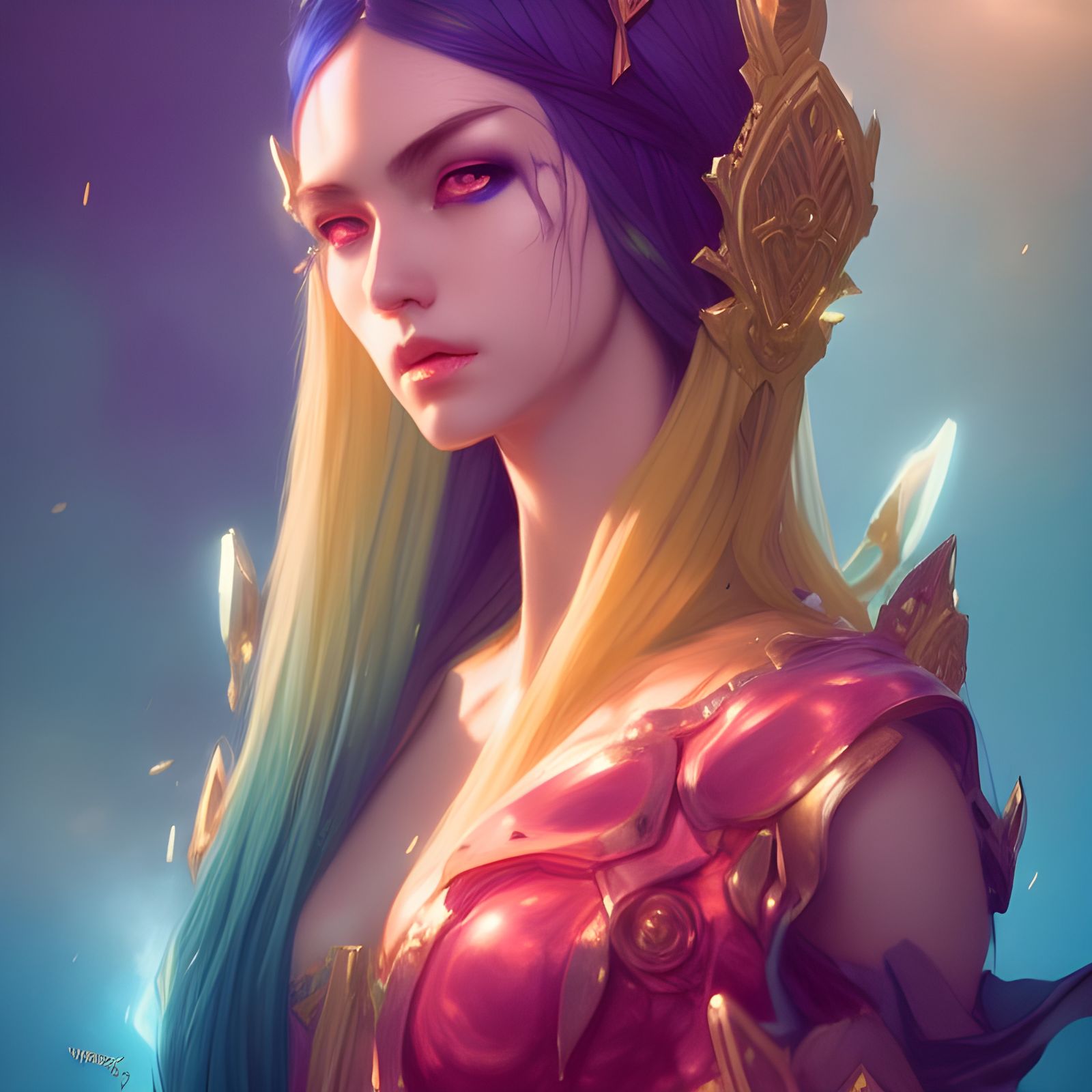 Goddess in Gold and Blue Armor Digital Illustration