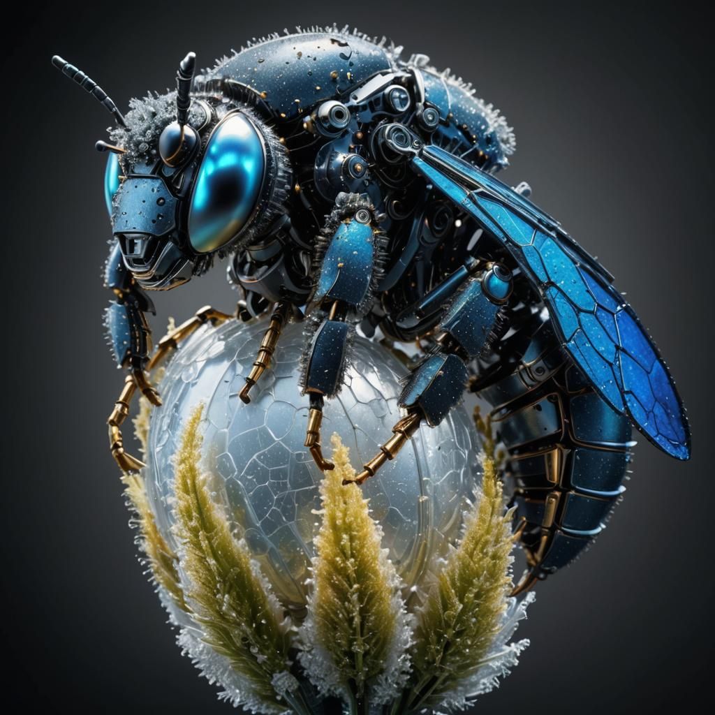 Robot Bee on Flower in Expressionist Style