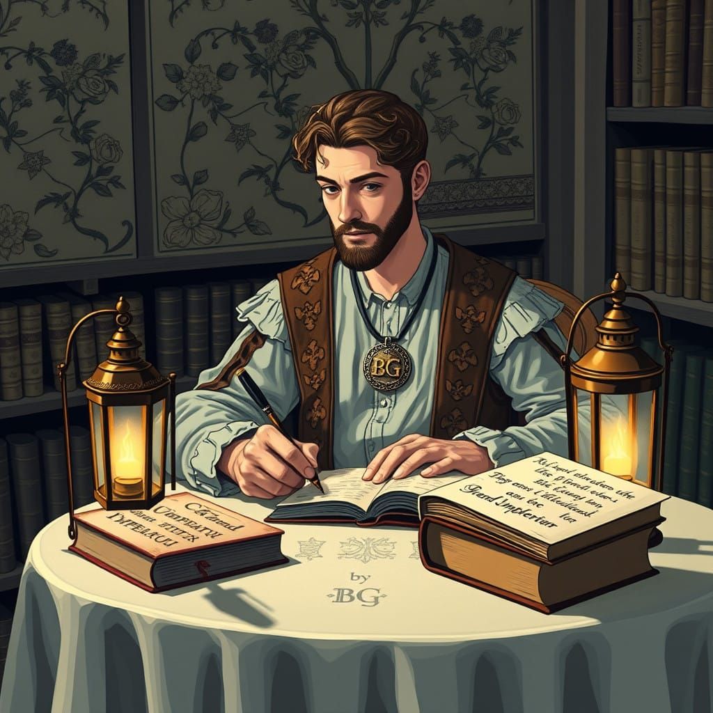 Medieval Noble Scholar in Renaissance-Style Library