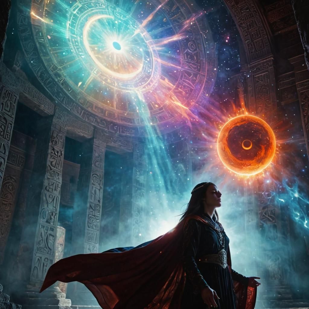 Priestess in Temple Surrounded by Celestial Bodies