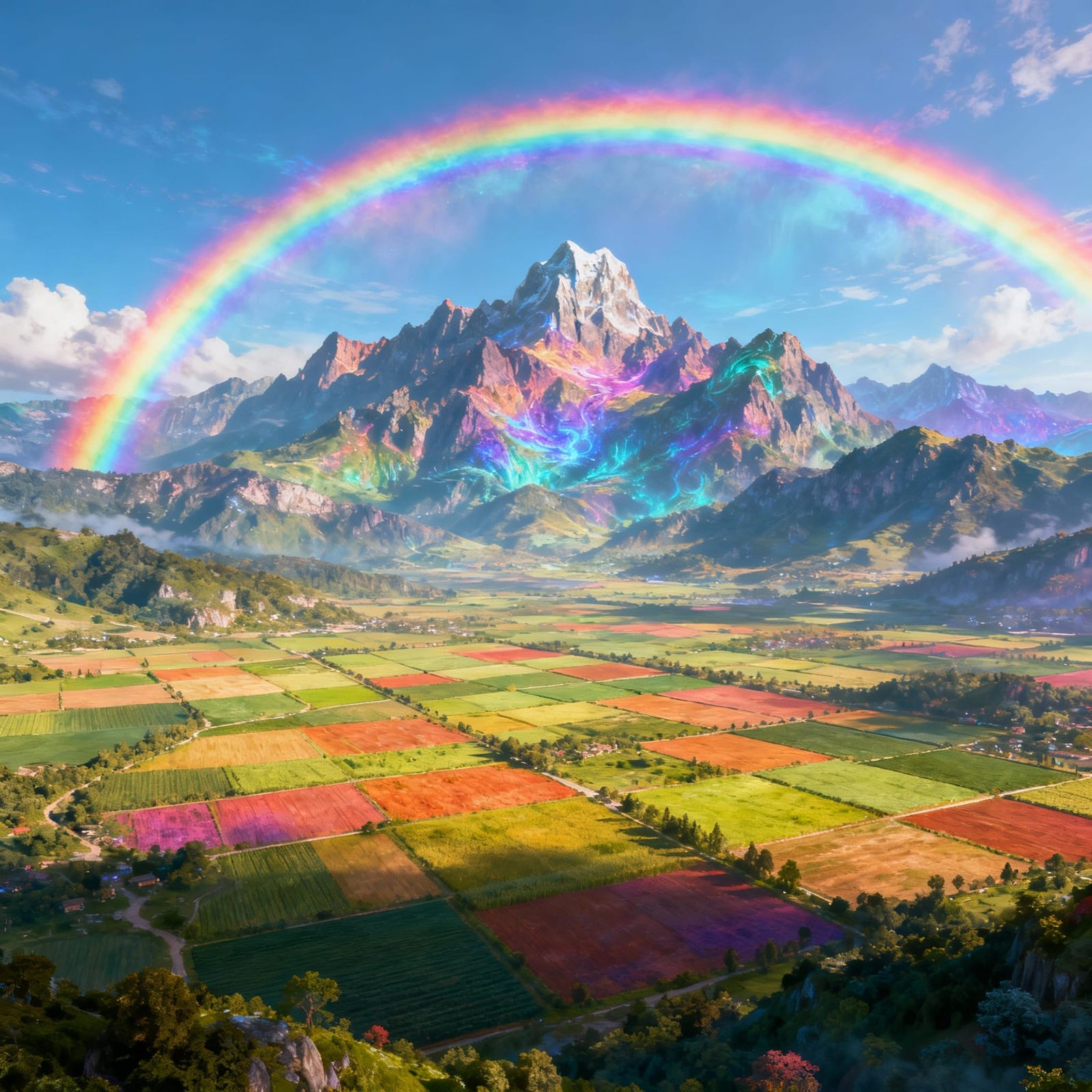 Ethereal Rainbow Over Fertile Farmland and Mountains