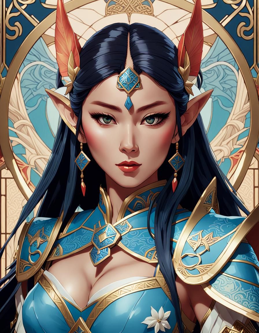 Japanese Elf Warrior Portrait in Art Nouveau Style