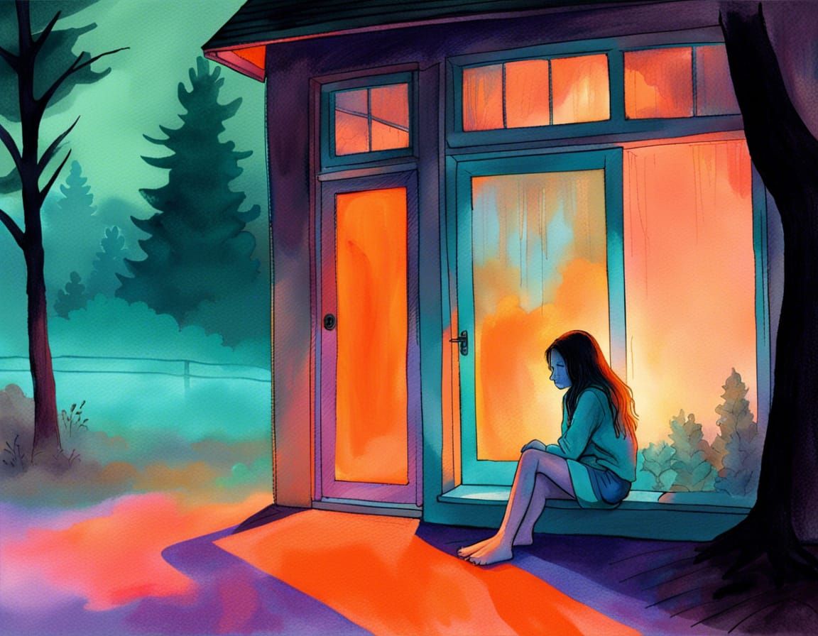 Ethereal Girl Gazing at Foggy Washington Trees