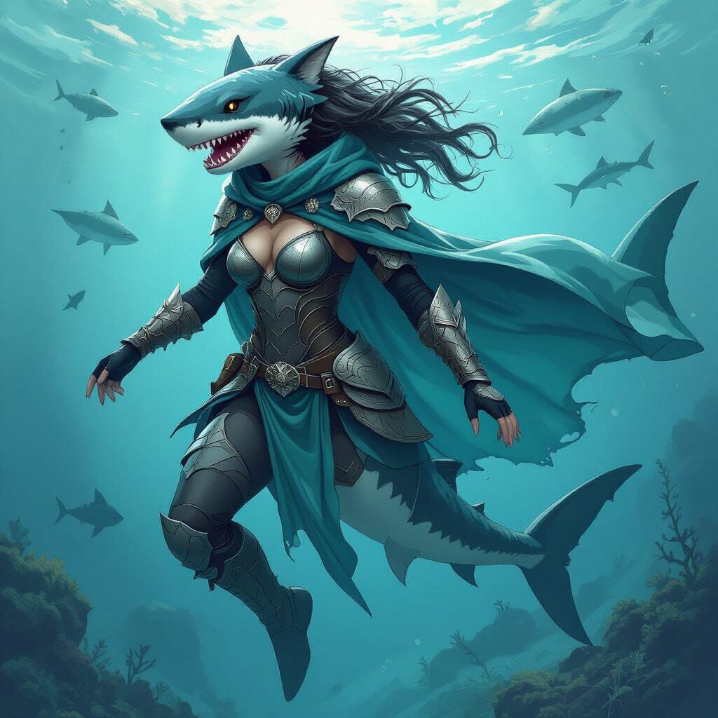 Wereshark Adventurer in Mythical Realm, Digital Painting Sty...