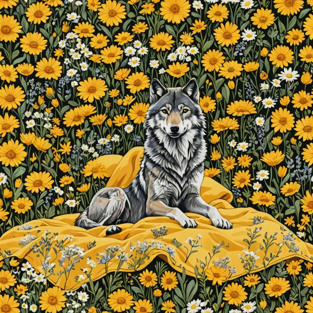 Wolf Guarding a Bed of Yellow Flowers