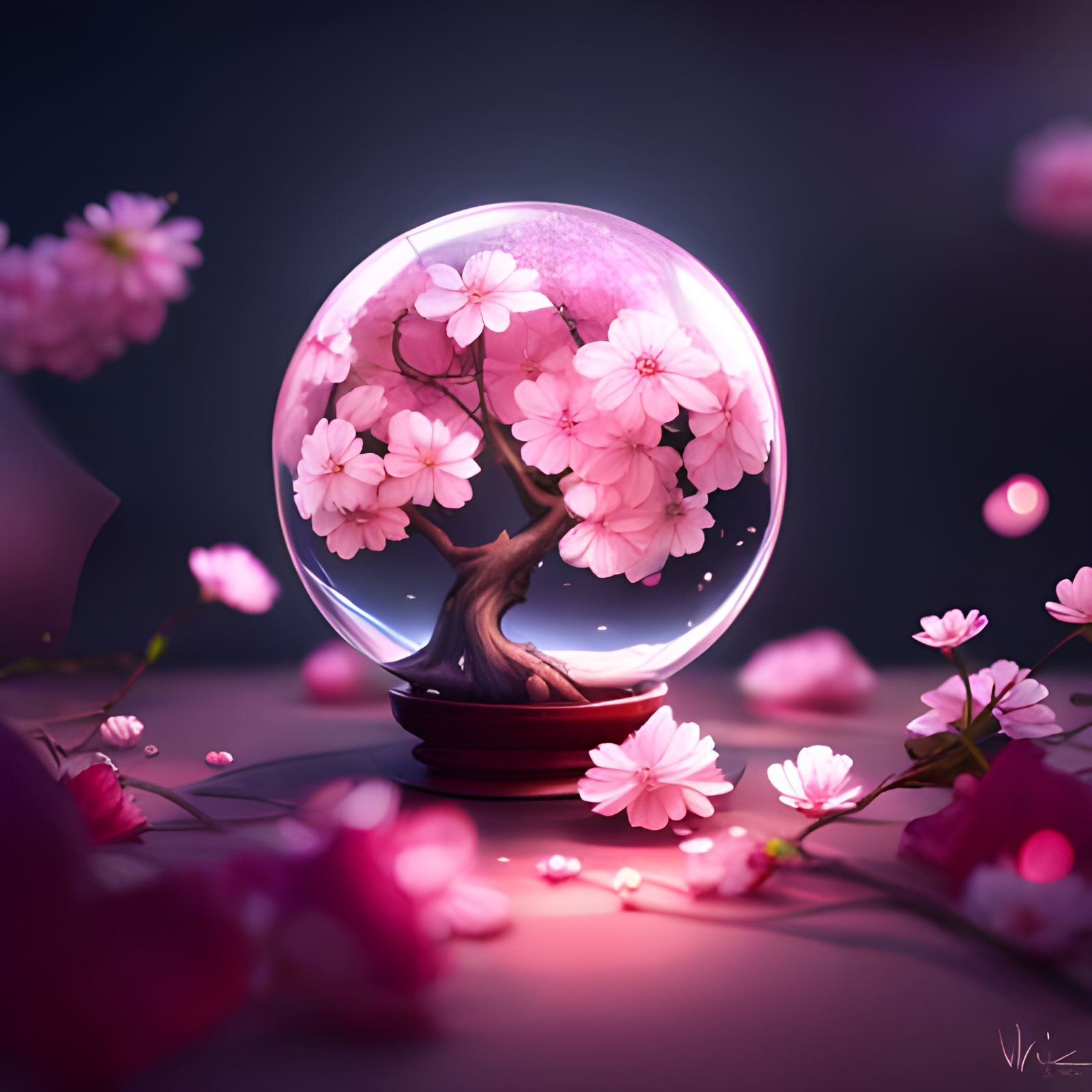 Cherry Blossom Tree in Crystal Orb: Digital Illustration