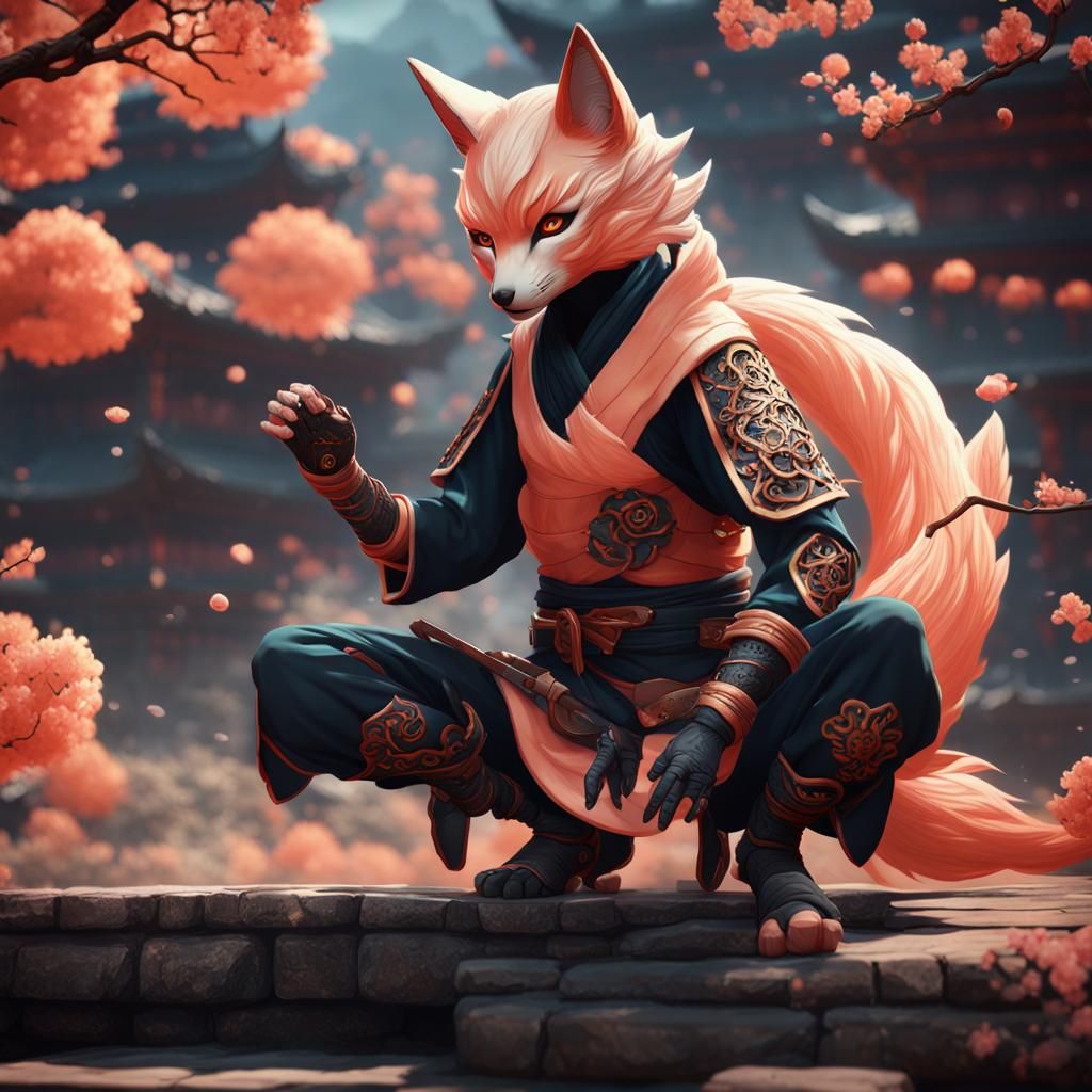 Peach Kitsune Shadow Ninja in Detailed Matte Painting