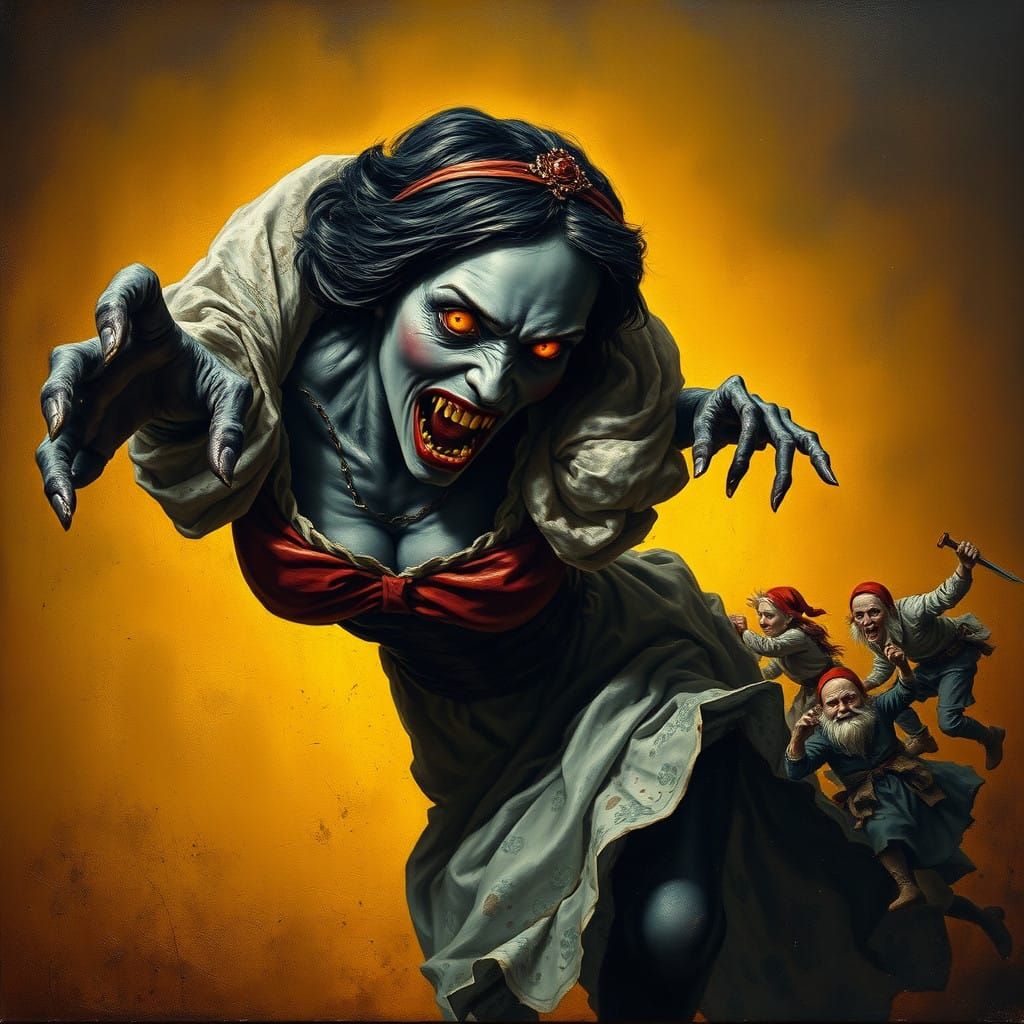 Grotesque Zombie Snow White Pursues Fleeing Dwarves in Dark,...
