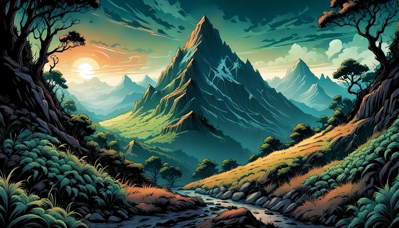 Mysterious Mountain Landscape in Comic Book Style