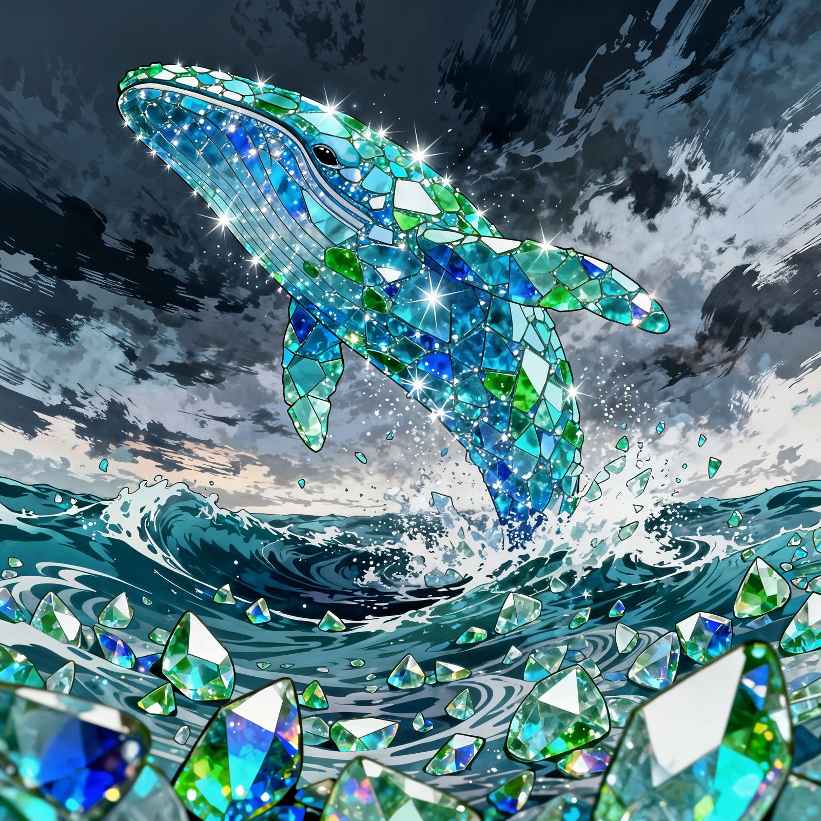 Majestic Sea Glass Whale Breaching in Stormy Sky