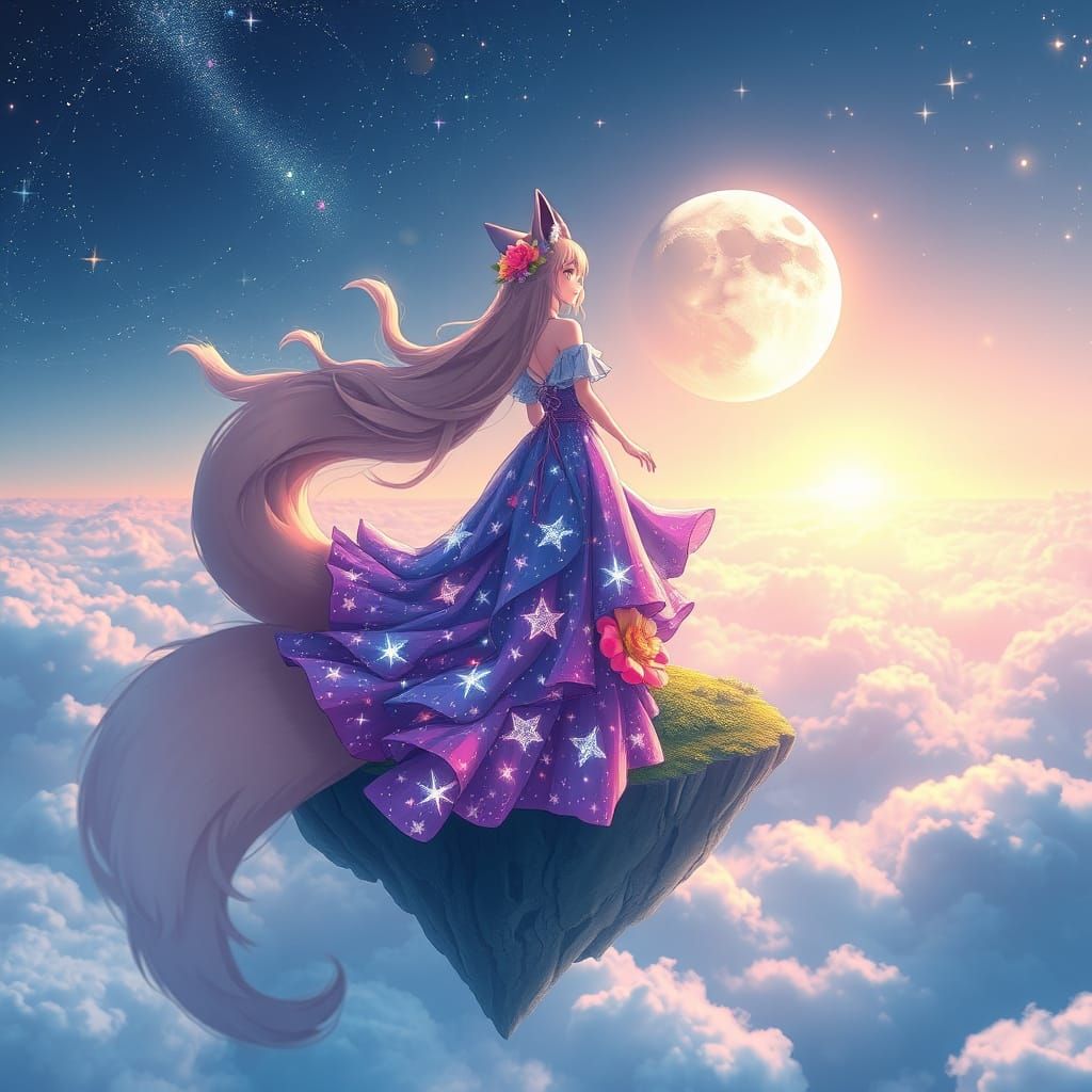 Anime Fox Girl with Celestial Gown on Floating Island